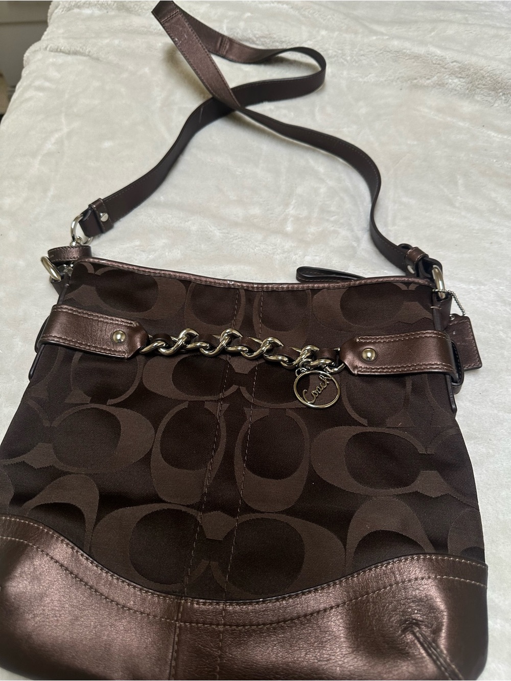 Coach Brown Signature Chain-Trim Crossbody